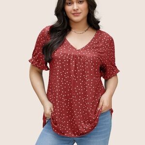 BloomChic Plus Size Polka Dot Print Gathered Frill Trim T-shirt